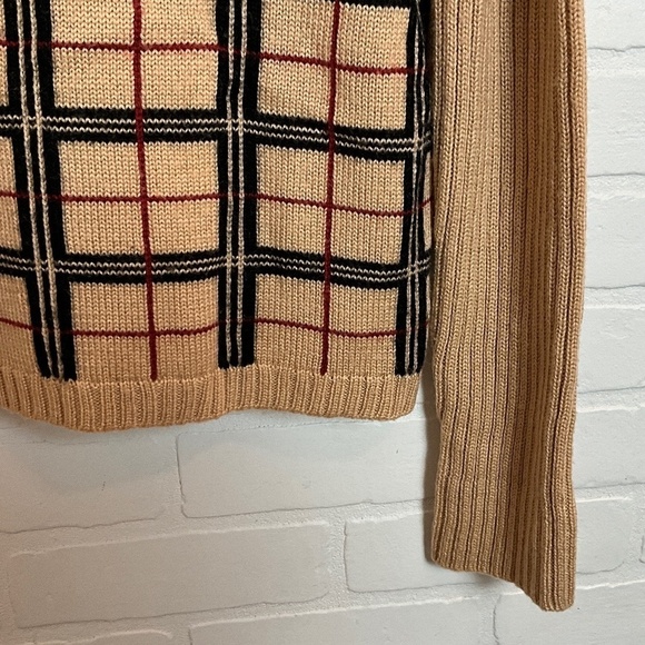 Vintage Knit Sweater Burberry vibe Old money Wool blend Plaid Tan/Black/Red S - Picture 5 of 15